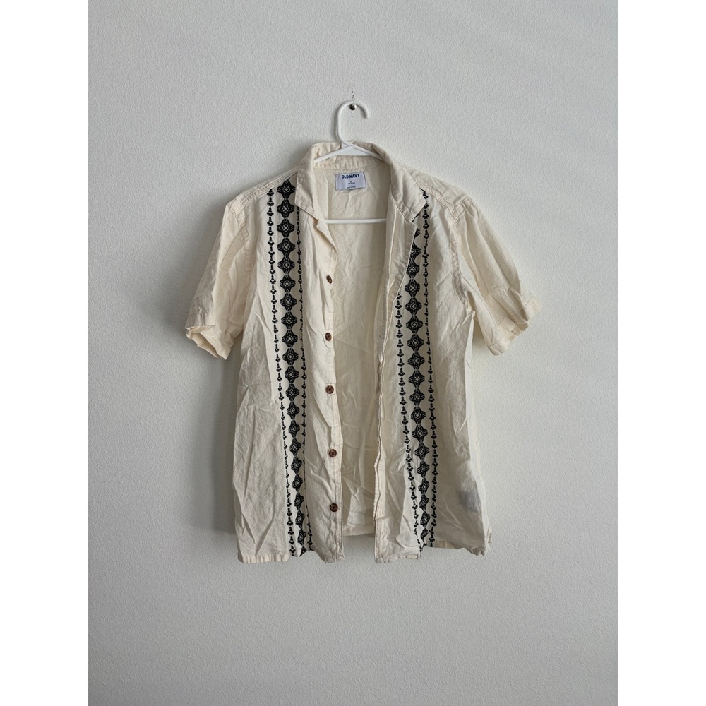 Old Navy Mens Small Cream Embroidered Linen Blend Short Sleeve Button Down Shirt
